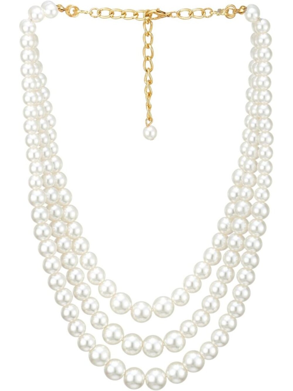 Elegant White Pearl Multi-Strand Necklace, Gold Tone Clasp, Layered Bridal